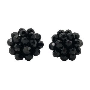 Vintage Black Beaded Cluster Earrings Clip On Sparkle Retro Cocktail Glamour